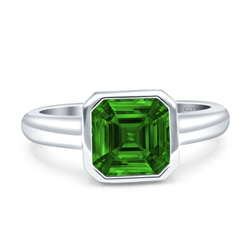 Bezel Set 8mmX8mm Asscher Engagement Ring Simulated Green Emerald 925 Sterling Silver Wholesale